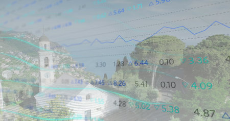 Image of financial data processing over landscape. Global finance, business, connections, computing...