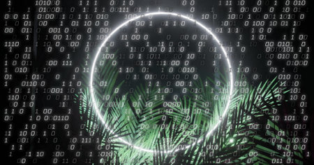 Image of data processing over circle and leaves. Technology, business and digital interface concept...