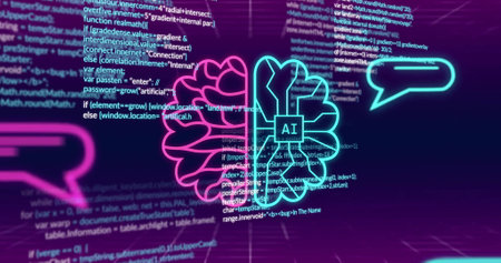 Image of data processing over brain with ai chat. Technology, business and digital interface concept...