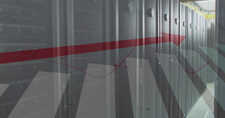 Image of data processing and diagrams over server room. Technology, business and digital interface...