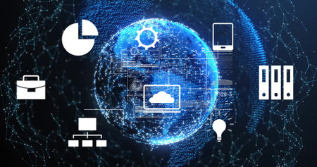 Image of data processing over media icons and globe. Business, technology and digital interface...