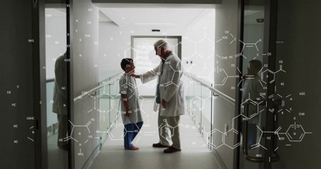 Image of scientific data processing over diverse doctor and patient in hospital. Global medicine,...