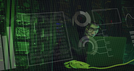 Image of data processing and diagrams over asian male hacker in server room. Technology, business...