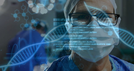 Image of dna strand and medical data processing over biracial female doctor in face mask. Global...