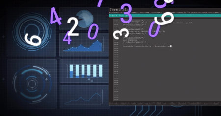 Data processing image over coding terminal and graphical charts. Technology, programming, analytics,...