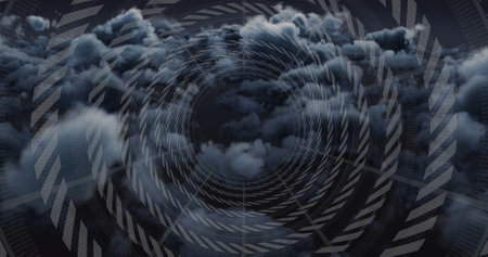 Image of digital tunnel over dark clouds. Technology, nature and digital interface concept digitally...