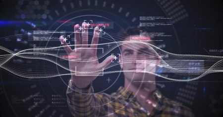 Image of digital data processing over scope scanning and caucasian man touching screen. Global...