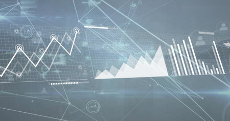 Image of media icons over diagrams and data processing. Global business and digital interface...
