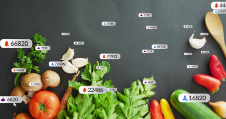 Social media likes and follower counts image over fresh vegetables on dark background. marketing,...