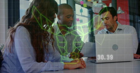 Business team discussing project over holographic data image in modern office. teamwork, technology,...
