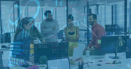 Image of data processing and diagrams over diverse colleagues discussing work. Business and digital...