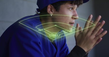 Baseball field diagram image over person in blue uniform. sports, player, athlete, competition,...