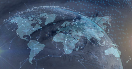 Image of caucasian woman's eye over global network and processing data. Connection, data, biometric...