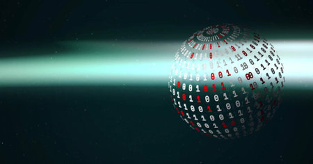 Image of binary coding and globe over light trails. Technology and digital interface concept...