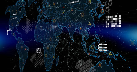 Image of white spots over world map. Global technology and digital interface concept digitally...
