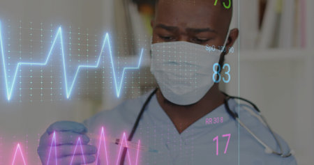 Image of data processing over afrcian american male doctor in face mask. Global medicine,...