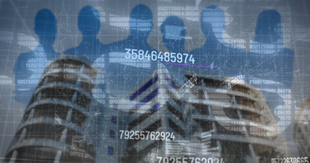 Image of financial data processing over people silhouettes and cityscape. Global business, finances,...
