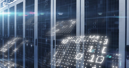 Image of digital data processing over computer servers. Global connections, computing and data...