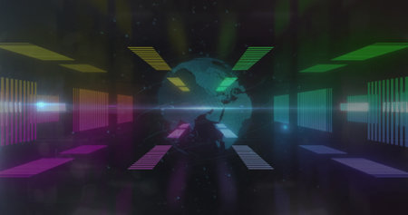 Image of spinning globe and shapes over digital tunnel. Technology and digital interface concept...