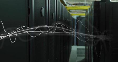 Image of moving white diagrams over server room. Technology and digital interface concept digitally...