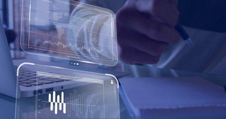Image of data processing over caucasian man taking notes. Technology and digital interface concept...