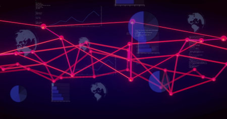 Image of pink connections over data processing and diagrams. Technology and digital interface...