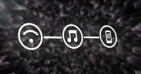 Image of network of connections with icons over white shapes on black background. Global...