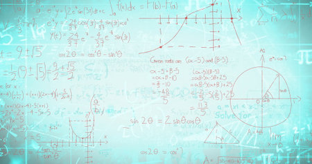 Image of mathematical equations on white background. Technology and digital interface concept...