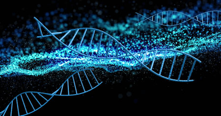 Image of spots moving over dna strand. Technology, business and digital interface concept digitally...