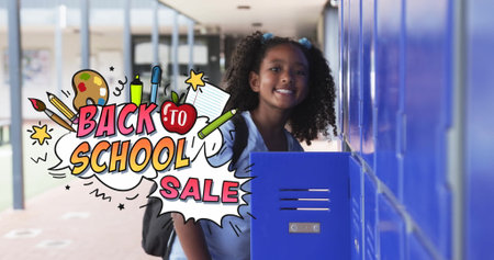 Back to school image over student opening locker in hallway. School supplies, students, education,...