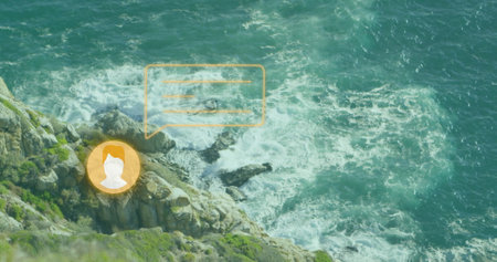 Image of media icons over landscape. Technology, business, nature and digital interface concept...