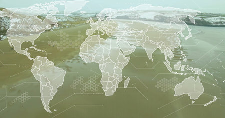 Image of world map over landscape. Technology, business, nature and digital interface concept...