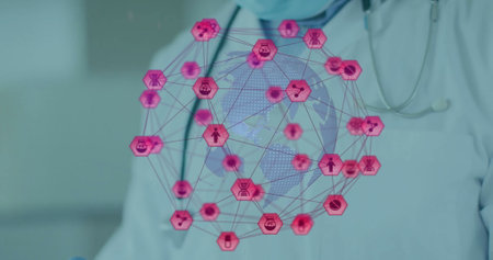 Image of globe with connections and medical icons over male doctor using tablet. Global medicine,...