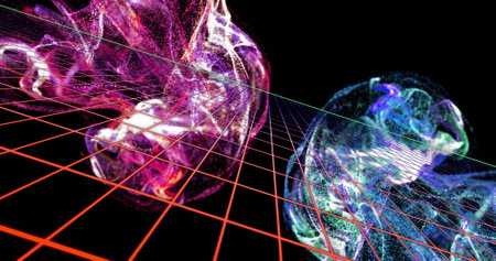 Colorful abstract shapes and grid lines, digital image of data processing. technology, futuristic,...