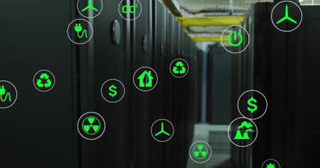 Image of ecology icons over server room. Global technology, computing, ecology and digital interface...