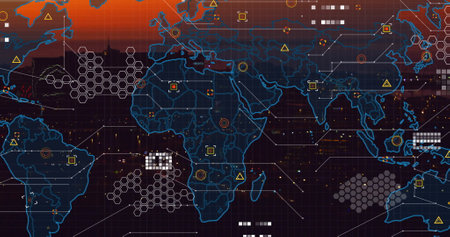 Image of world map with data processing over cityscape. Global technology, computing and digital...