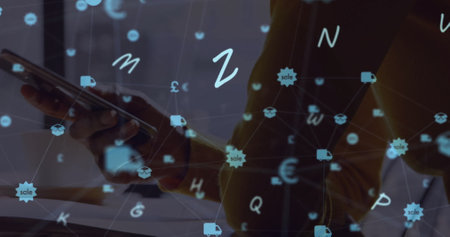 Image of network of social media icons over caucasian woman using smartphone. Global connections,...