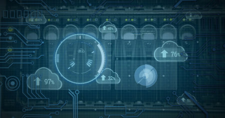 Image of data processing and scope scanning with clouds over server room. Technology and digital...