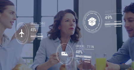 Image of media icons and data over caucasian colleagues at meeting. Business and digital interface...