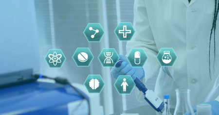 Image of hexagonal medical icons over african american female scientist at work in lab. Connection,...