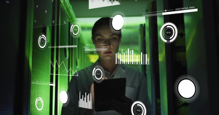 Image of digital data processing over caucasian female it technician and computer servers. Global...
