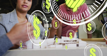 Binary code animation over diverse team collaborating at office desk