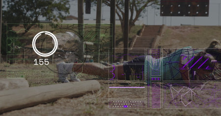 Image of data processing and globe over diverse women exercising at obstacle course. Global sport...