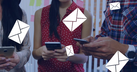 People using smartphones for messaging, surrounded by digital envelope icons. Connectivity,...