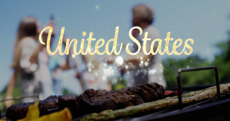 Grilling meat outdoors while friends gather and enjoy sunny day together. Barbecue, picnic,...