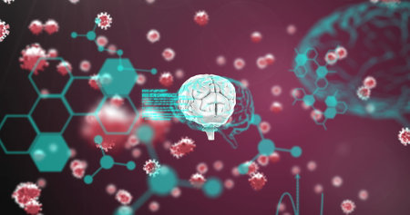 Researching, digital brain surrounded by virus particles and scientific symbols. Science, technology, innovation, artificial intelligence, cybersecurity, biotechnologyの写真素材