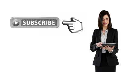 Businesswoman using tablet next to subscribe button and cursor icon. Technology, innovation, digital, marketing, internet, advertisingの写真素材