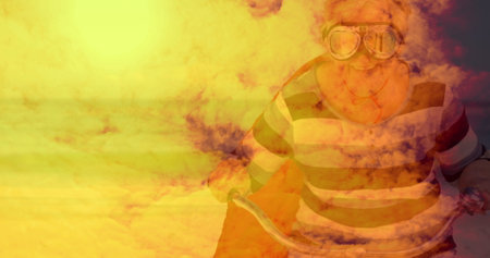 Elderly person wearing goggles riding bicycle through vibrant, dreamy landscape. Senior, cycling,...