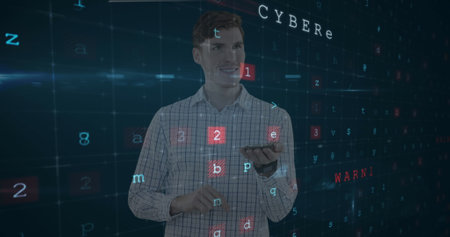 Man interacting with digital interface, focusing on cybersecurity concepts and data. Technology,...