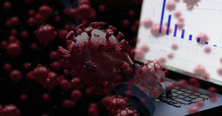 Analyzing data on laptop, person tracking virus spread with graphs. Analytics, research, computer, pandemic, statistics, reportの写真素材